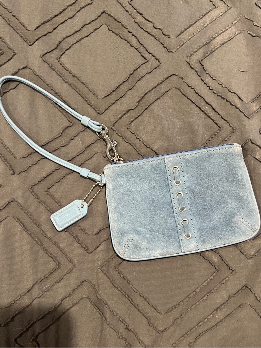 Coach Light Blue Suede Wristlet with Gold-Tone Hardware